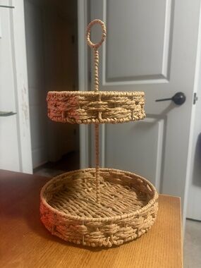 Two-Tier Woven Rattan Serving Tray - Natural